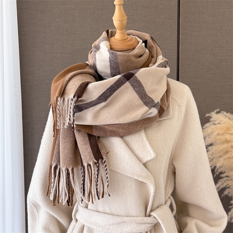Cashmere Pashmina Wrap - ผ้าคลุมไหล่ลายสก็อตสำหรับผู้หญิง ขนาด 190*68 ซม. ผ้าคลุมไหล่แคชเมียร์เทียมพร้อมพู่ ผ้าห่มพашมิน่าอุ่นสบาย