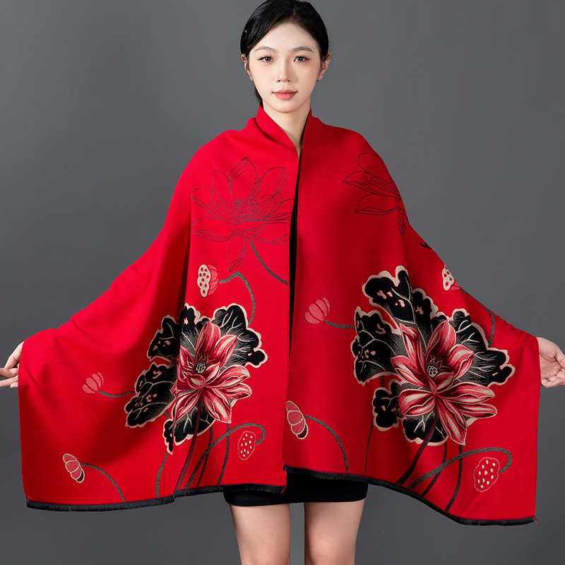 Cashmere Pashmina Wrap - ผู้หญิงฤดูหนาวผ้าคลุมไหล่ผ้าพันคอผ้าพันคอผ้าพันคอดอกไม้พิมพ์ผ้าคลุมไหล่ Pashmina ผ้าพันคออบอุ่นหนาผ้าห่มเดินทางหญิงทั้งหมด Echarpe