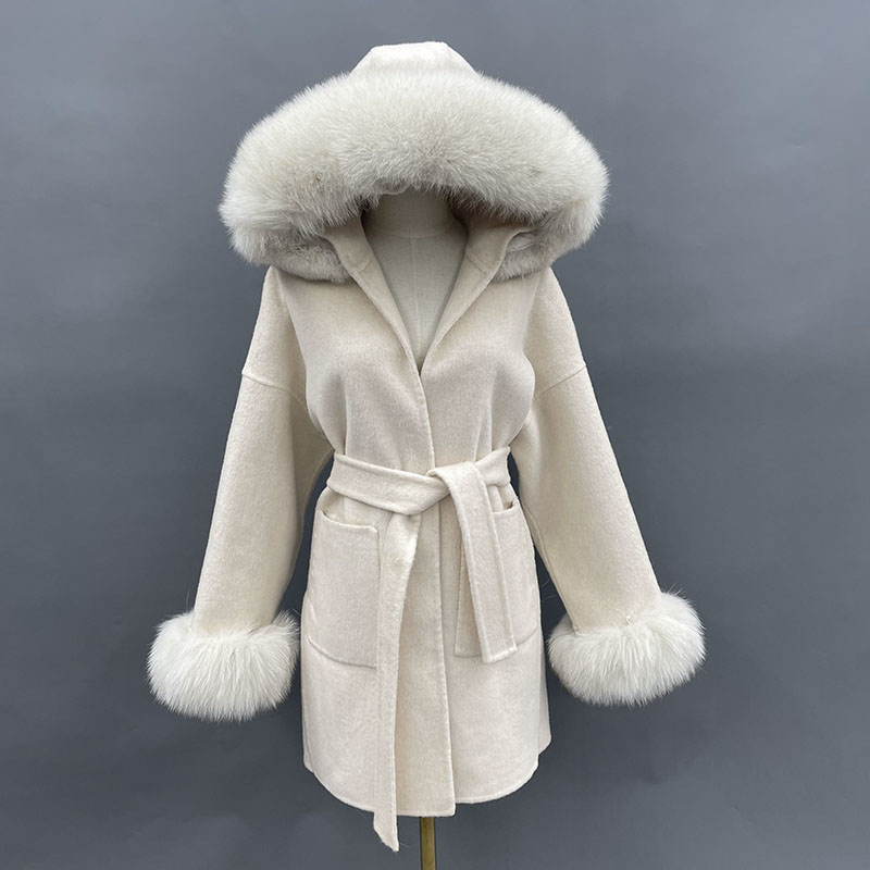 Wool Coat Peacoat - MISSJANEFUR เสื้อขนสัตว์จริงฟ็อกซ์ขนสัตว์ Cuff ผู้หญิงแฟชั่น Belted CASHMERE