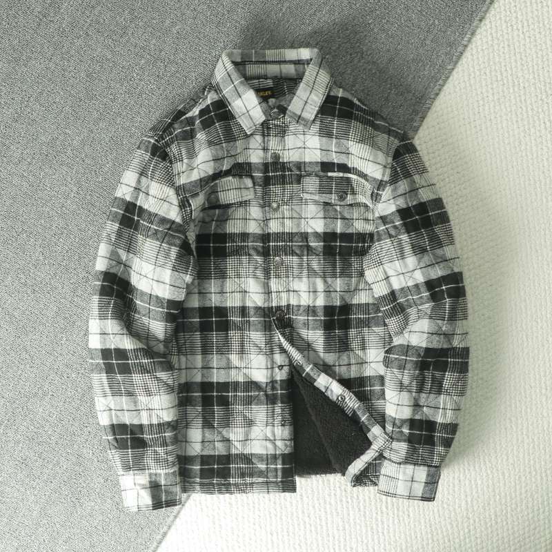 Flannel Shirt Lined - เสื้อแจ็คเก็ตผ้าฟลานเนลลายสก็อตบุขนแกะสำหรับผู้ชาย ฤดูใบไม้ร่วง ฤดูหนาว มีกระเป๋าหน้าอกบุผ้านวมหนา อุ่น สวมใส่เป็นเสื้อนอก