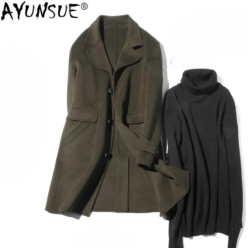 Wool Coat Peacoat - AYUNSUE 100% เสื้อขนสัตว์ผู้ชายฤดูใบไม้ร่วงสองด้านยาวเสื้อแจ็คเก็ตผู้ชายเกาหลี Mens เสื้อกันหนาว Peacoat