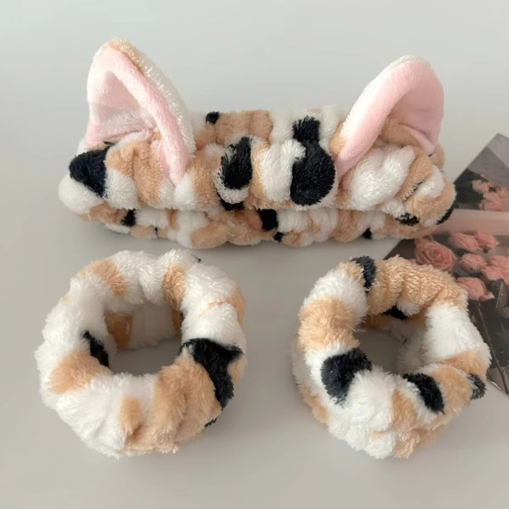 Winter Headband Fleece - 3 ชิ้น/เซ็ตเสือดาวพิมพ์น่ารักแมวหูตุ๊กตาHeadbandยืดหยุ่นCoralขนแกะล้างหน้าHeadbandsสปาล้างหน้าและแต่งหน้า