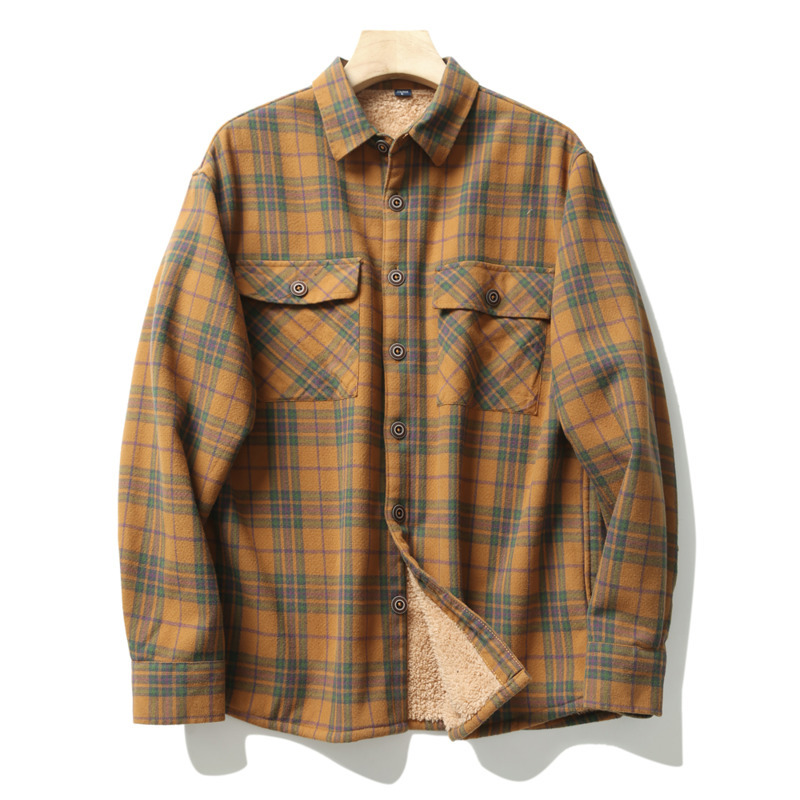 Flannel Shirt Lined - เสื้อเชิ้ตผ้าแฟลนเนลลายสก็อตสำหรับผู้ชาย เสื้อแจ็คเก็ตหนานุ่มบุขนแกะสำหรับฤดูใบไม้ร่วงและฤดูหนาว มีกระเป๋าเสื้อที่หน้าอก แขนยาว ลายตาราง เสื้อเชิ้ตผู้ชายสำหรับใส่เป็นเสื้อนอก