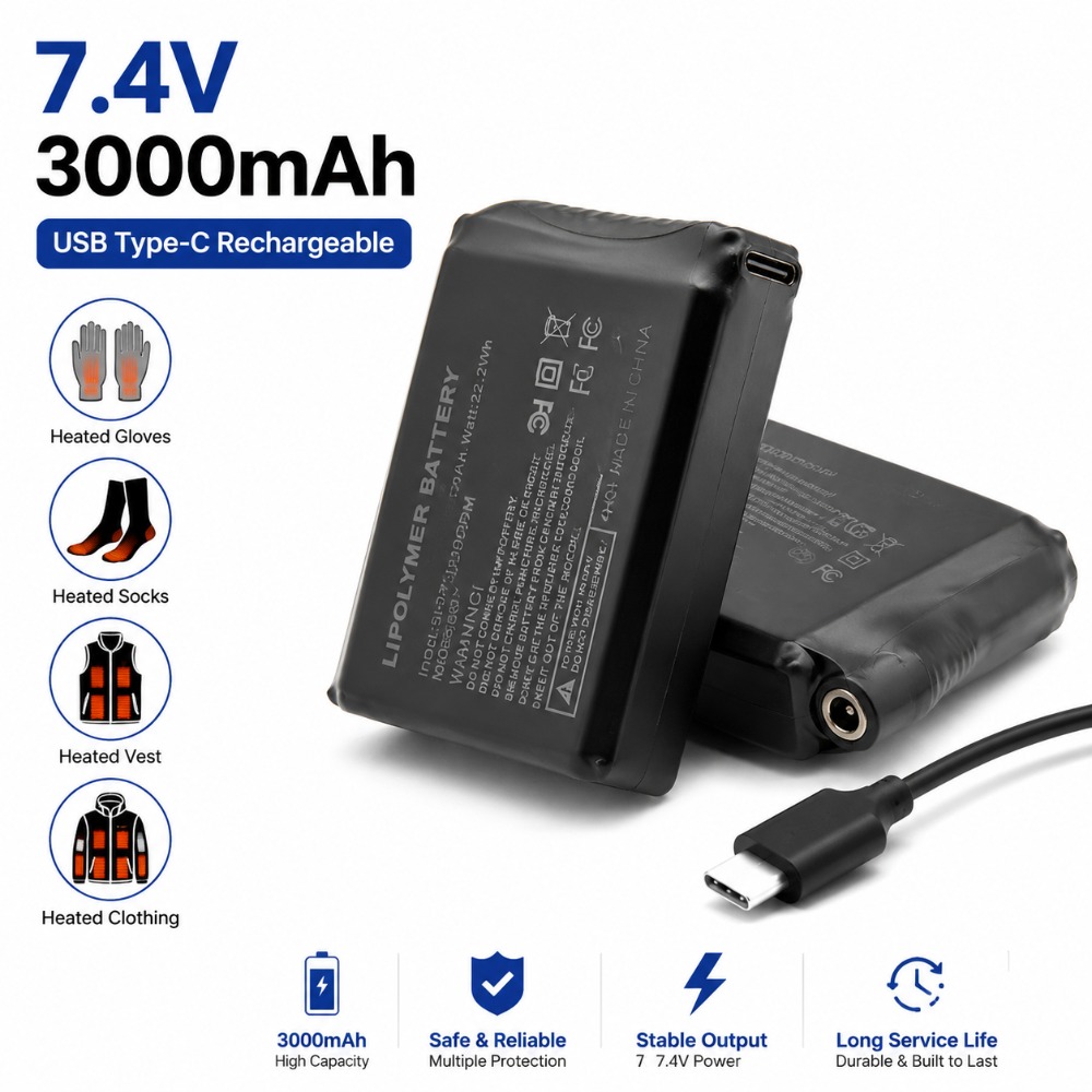 Heated Vest Battery - 7.4V 3000mah ถุงมืออุ่นแบตเตอรี่ลิเธียมแบตเตอรี่สำหรับทำความร้อนเสื้อกั๊กถุงเท้ารองเท้าฤดูหนาวสารป้องกันการแข็งตัวของน้ำแข็งความร้อนแบตเตอรี่ 755060-2S