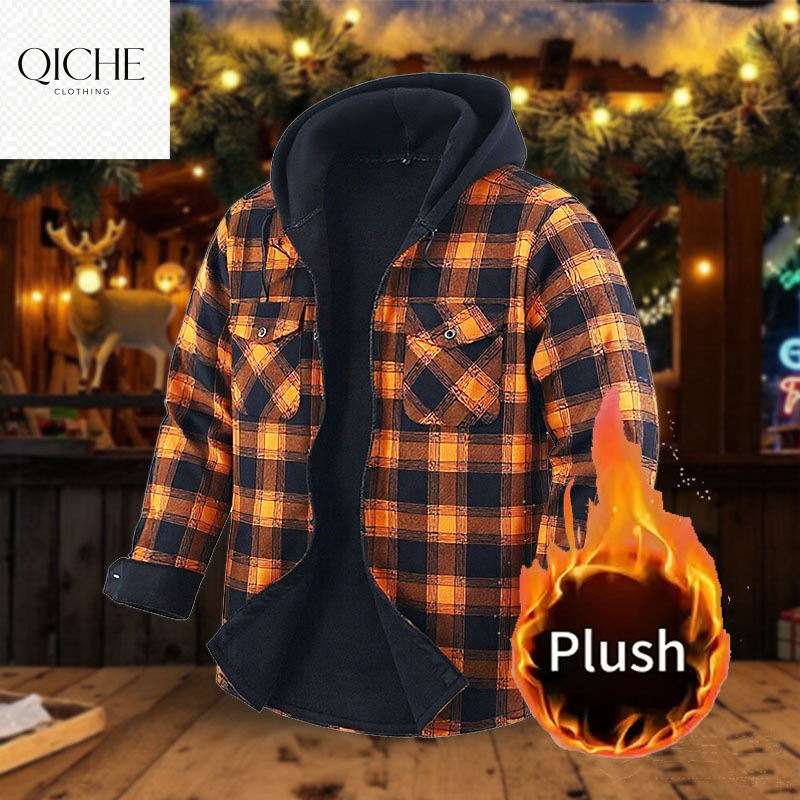 Flannel Shirt Lined - เสื้อเชิ้ตผ้าฟลานเนลหนาบุขนแกะ QICHE สำหรับผู้ชาย มีฮู้ด ลายสก็อต แขนยาว