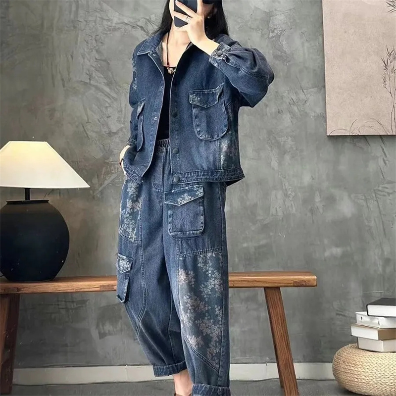 Down Jacket Packable - 2025 ฤดูใบไม้ร่วงDenimแจ็คเก็ตชุดลายสก๊อตลายเสื้อแฟชั่นชุดสตรี 2022 ฤดูใบไม้ผลิใหม่เสื้อสบายๆกางเกงยีนส์ 2 ชิ้นชุด