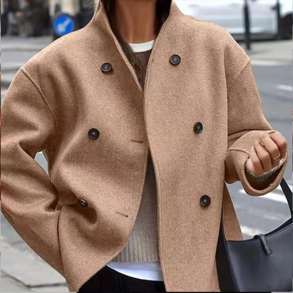 Wool Coat Peacoat - เสื้อโค้ทผู้หญิงสำหรับฤดูหนาว เสื้อโค้ทขนสัตว์แบบสั้น แจ็คเก็ตทรงดับเบิ้ลเบรสเต็ด สไตล์หรูหรา แขนยาว เหมาะสำหรับฤดูใบไม้ร่วงและอากาศหนาว