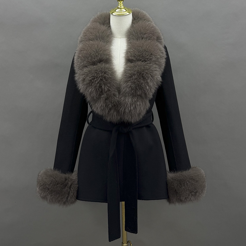 Wool Coat Peacoat - JANEFUR 2026 เสื้อโค้ทขนสัตว์พร้อมปกและปลายแขนขนสุนัขจิ้งจอกแท้ เสื้อโค้ทแคชเมียร์แฟชั่นสำหรับผู้หญิงพร้อมเข็มขัด เสื้อโค้ทกันหนาวแบบเทรนช์โค้ท JFB4-26032