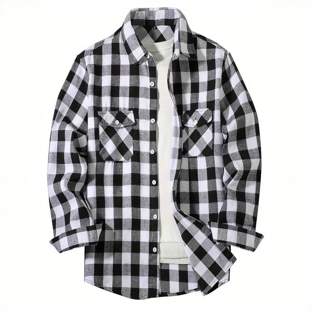 Flannel Shirt Lined - เสื้อแจ็คเก็ตเชิ้ตผ้าแฟลนเนลบุขนเชอร์ปาสำหรับผู้ชาย ฤดูใบไม้ผลิ แขนยาว ติดกระดุม สไตล์คลีนฟิต ผ้าฝ้ายผสม