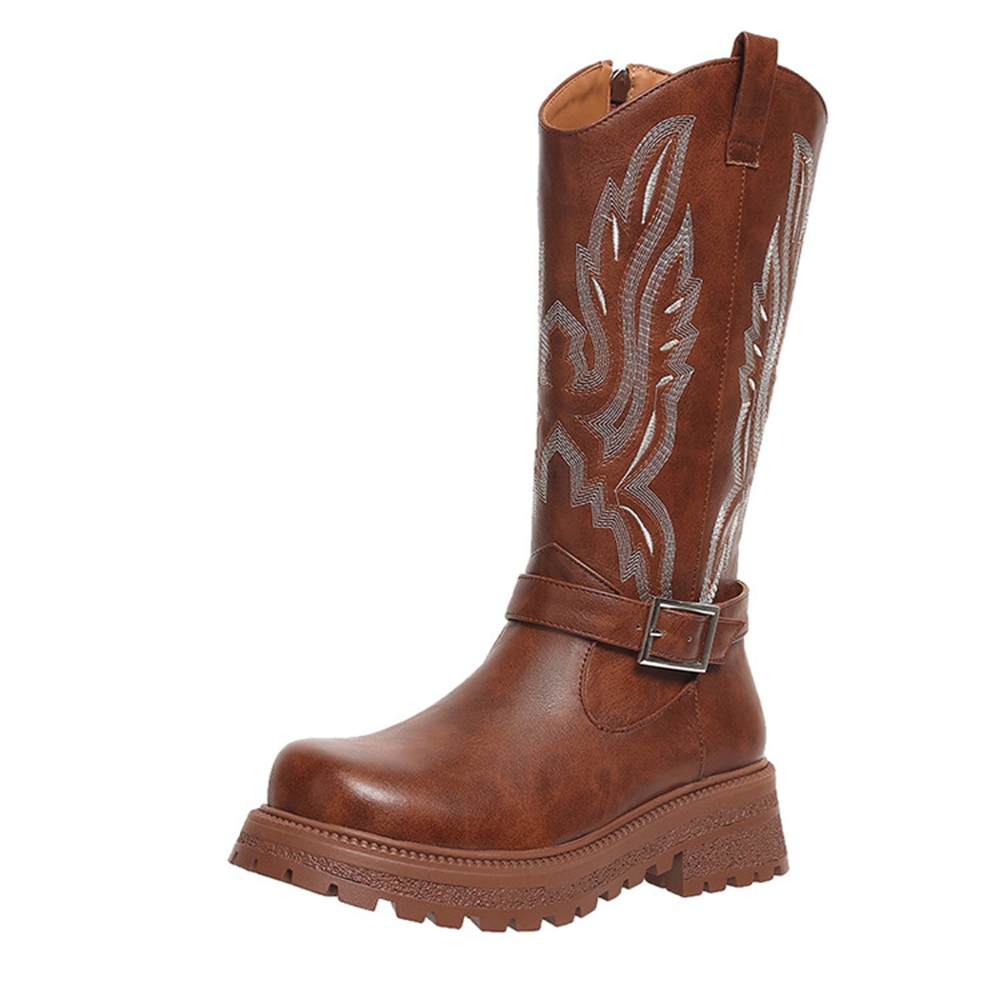 Waterproof Winter Boot - รองเท้าบูทผู้หญิงทรงคาวบอยแบบส้นหนา หัวมน กันน้ำ มีซิปด้านใน ตกแต่งลายปัก สวมใส่สบาย