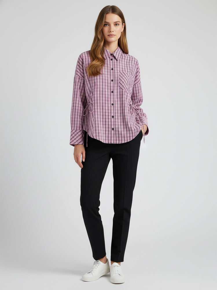 Flannel Shirt Lined - เสื้อเชิ้ตลายสก๊อตแฟชั่นสำหรับผู้หญิง ทรงเอไลน์ผูกเอว ดีไซน์หรูหรา เอวสูง ทรงเข้ารูป รุ่นใหม่ประจำปี