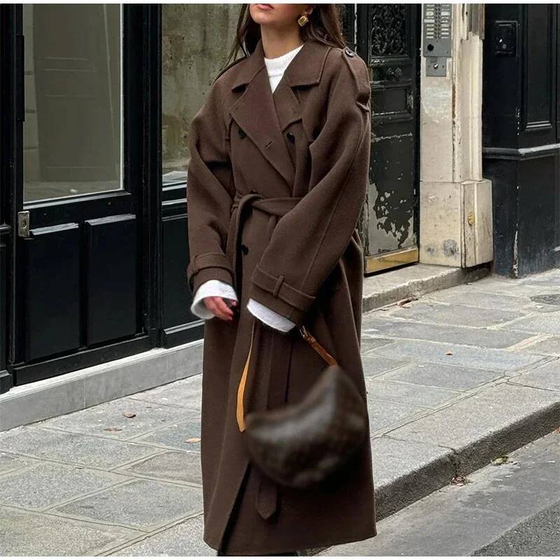 Wool Coat Peacoat - เสื้อโค้ทผู้หญิงสีเทาหรูหรา ผ้าขนสัตว์เทียม ทรงยาว ปกแบบลาペル ติดกระดุมสองแถว สไตล์สตรีท
