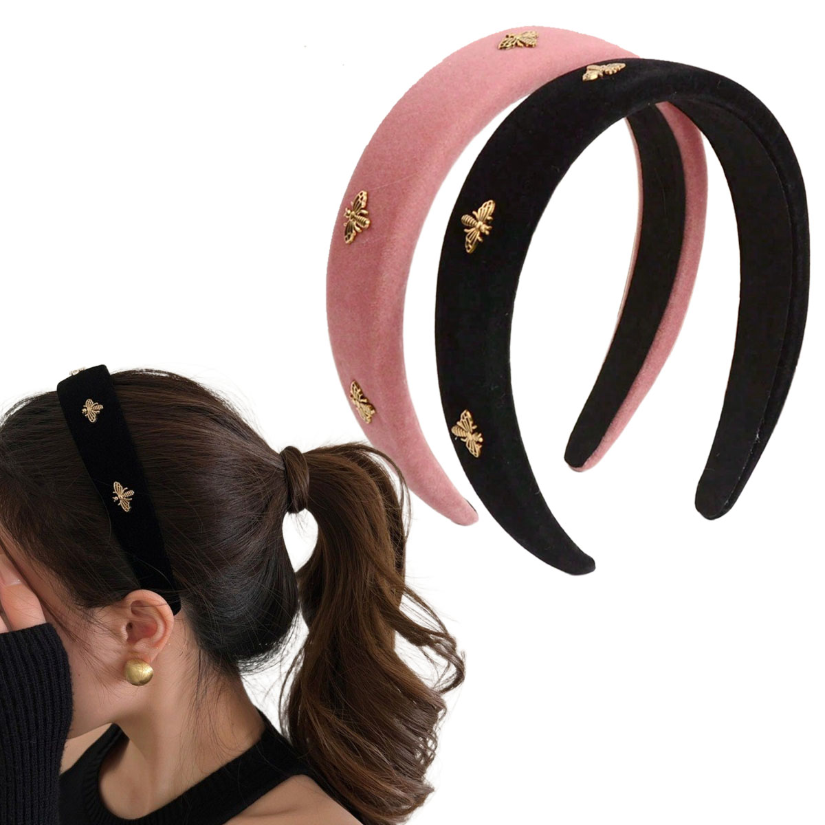 Winter Headband Fleece - ที่คาดผมกำมะหยี่สีดำลิตเติ้ลบีสำหรับผู้หญิง ฤดูใบไม้ร่วงและฤดูหนาว ให้ความรู้สึกหรูหรา ที่คาดผมแบบแรงกดบนศีรษะสูง ที่คาดผมสำหรับล้างหน้า เครื่องประดับศีรษะ