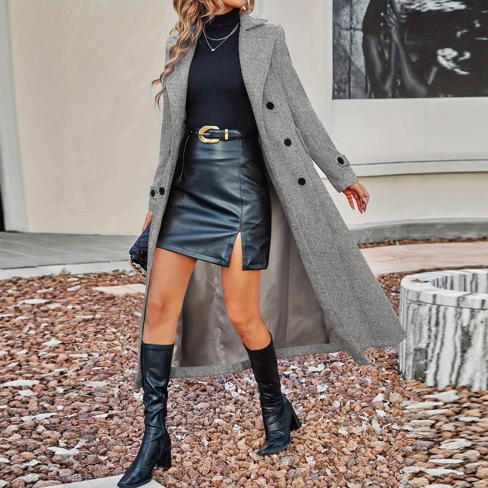 Wool Coat Peacoat - เสื้อโค้ทผู้หญิงสำหรับฤดูใบไม้ร่วง เสื้อโค้ทขนสัตว์ยาวแบบกระดุมสองแถว ทรงพีโค้ท ปกแบบคลาสสิก เสื้อโค้ทเทรนช์สำหรับฤดูใบไม้ร่วงและฤดูหนาว เสื้อคลุมลำลอง